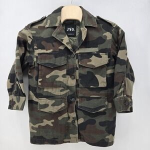 Zara Camo Jacket Women's XS Green Brown Long Sleeve Full Zip Utility Grunge Punk
